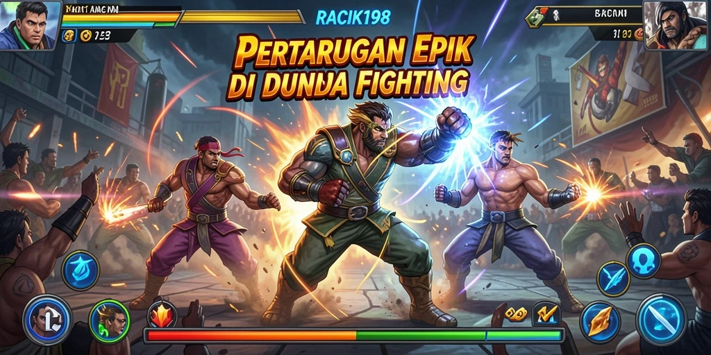 Screenshot utama RACIK198 menampilkan pertarungan seru dengan karakter yang beraksi.